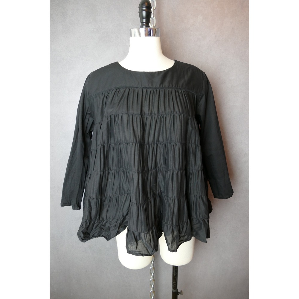 MERLETTE Black Cotton Tiered Ruffle Gathered Long Sleeve Tunic Top Women's‎